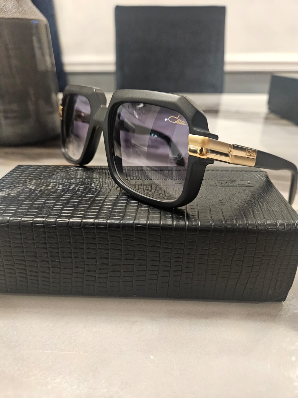 Cazal Matte Black Square Sunglasses with Gold Temples